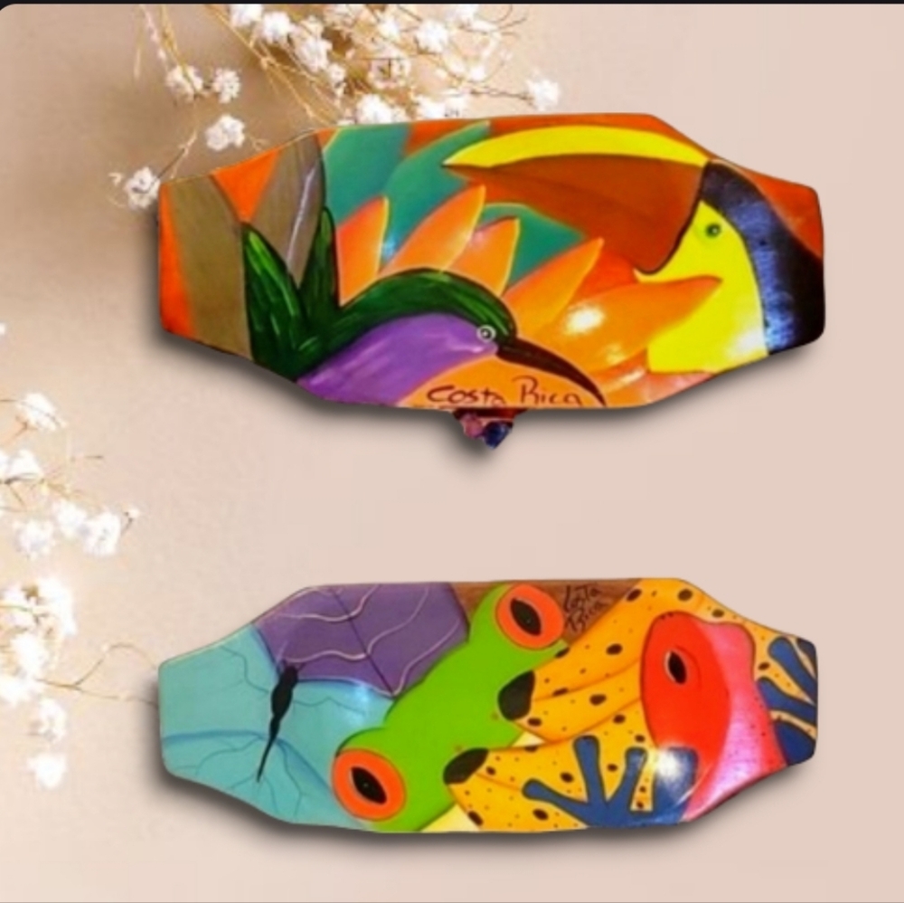 2-Piece Hand-painted Costa Rican Decorative Toucan & Tropical Flora Artisanal‎